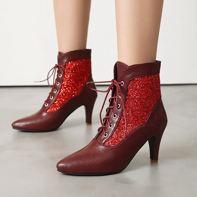 Women's Patchwork Sequins Pointed Toe Spike Heel Ankle Boots