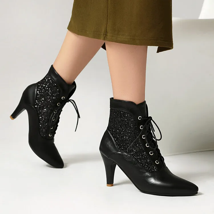 Women's Patchwork Sequins Pointed Toe Spike Heel Ankle Boots