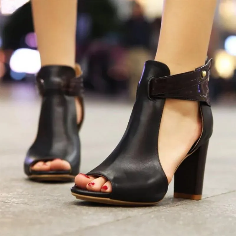 Women's peep toe chunky sandals | Side cut-out sandals