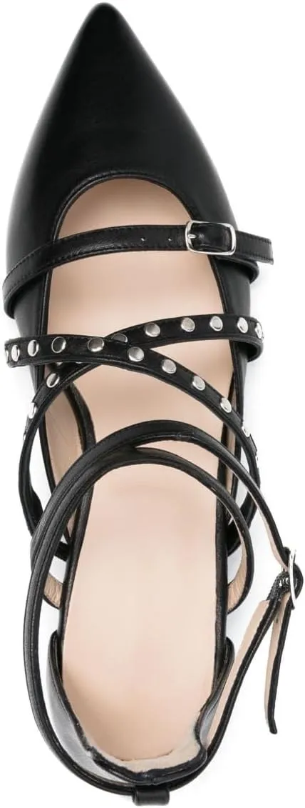 Women's Pointed Toe Ballet Flats Studded Ankle Strap Pumps Punk Buckle Strappy Comfortable Dress Shoes for Wedding Party Office