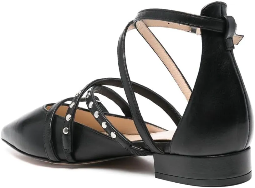 Women's Pointed Toe Ballet Flats Studded Ankle Strap Pumps Punk Buckle Strappy Comfortable Dress Shoes for Wedding Party Office