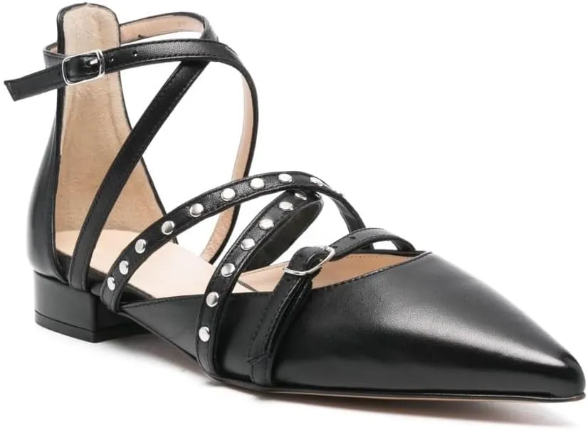 Women's Pointed Toe Ballet Flats Studded Ankle Strap Pumps Punk Buckle Strappy Comfortable Dress Shoes for Wedding Party Office