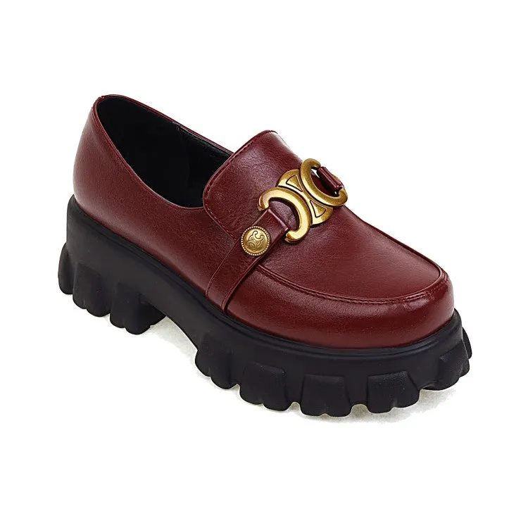 Women's Round Toe Metal Buckle Platform Block Heel Shoes