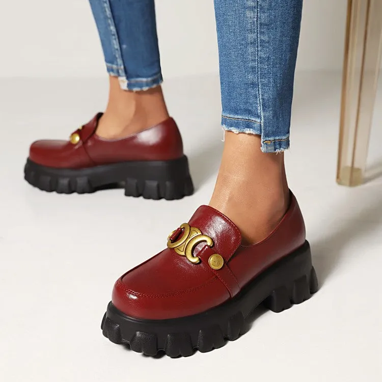 Women's Round Toe Metal Buckle Platform Block Heel Shoes