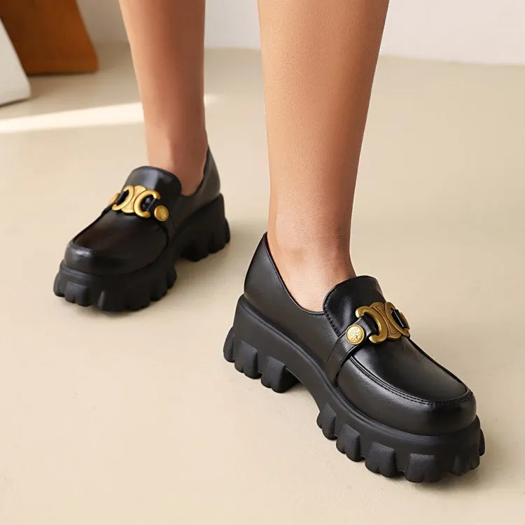 Women's Round Toe Metal Buckle Platform Block Heel Shoes