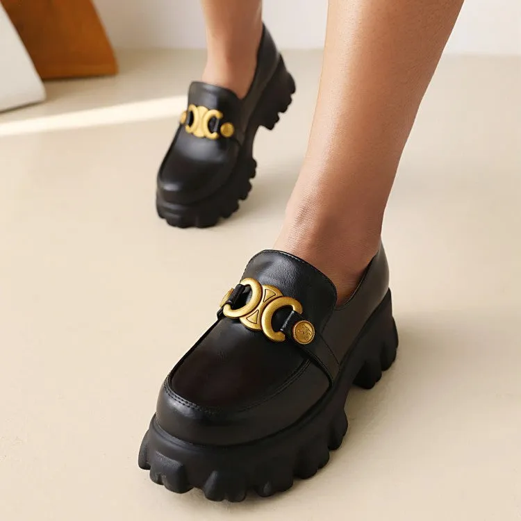 Women's Round Toe Metal Buckle Platform Block Heel Shoes