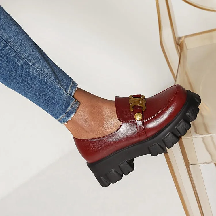 Women's Round Toe Metal Buckle Platform Block Heel Shoes