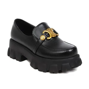 Women's Round Toe Metal Buckle Platform Block Heel Shoes