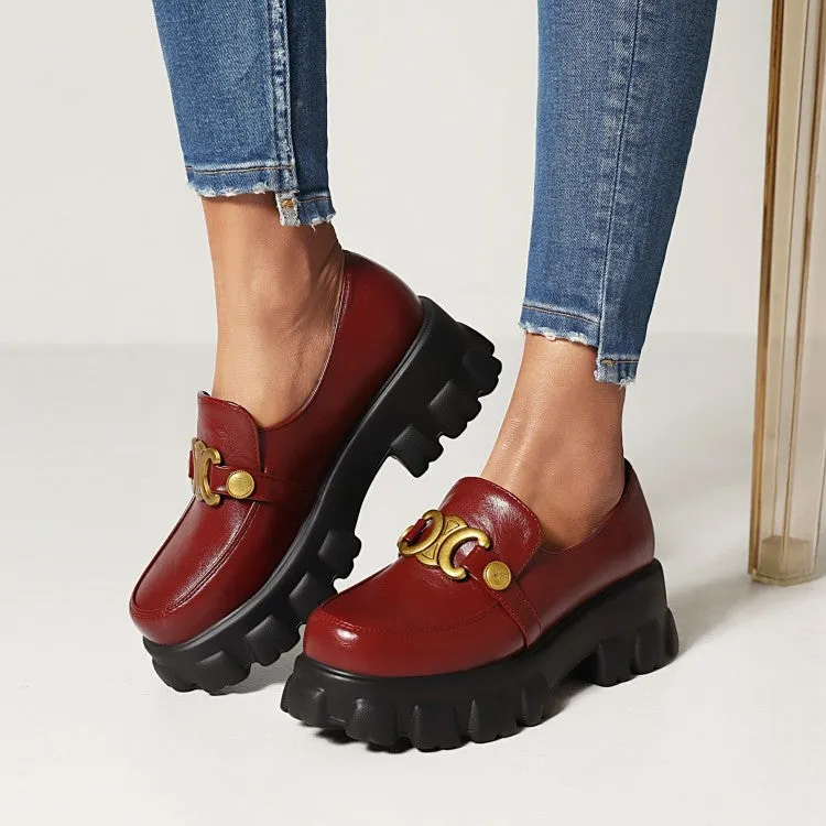 Women's Round Toe Metal Buckle Platform Block Heel Shoes