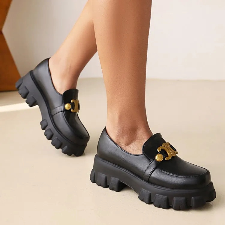 Women's Round Toe Metal Buckle Platform Block Heel Shoes