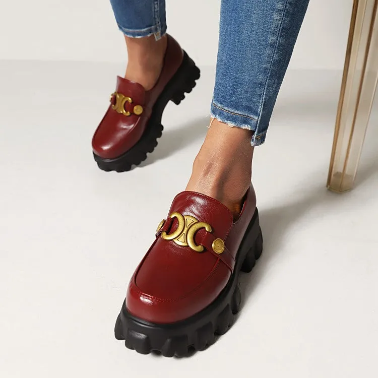 Women's Round Toe Metal Buckle Platform Block Heel Shoes
