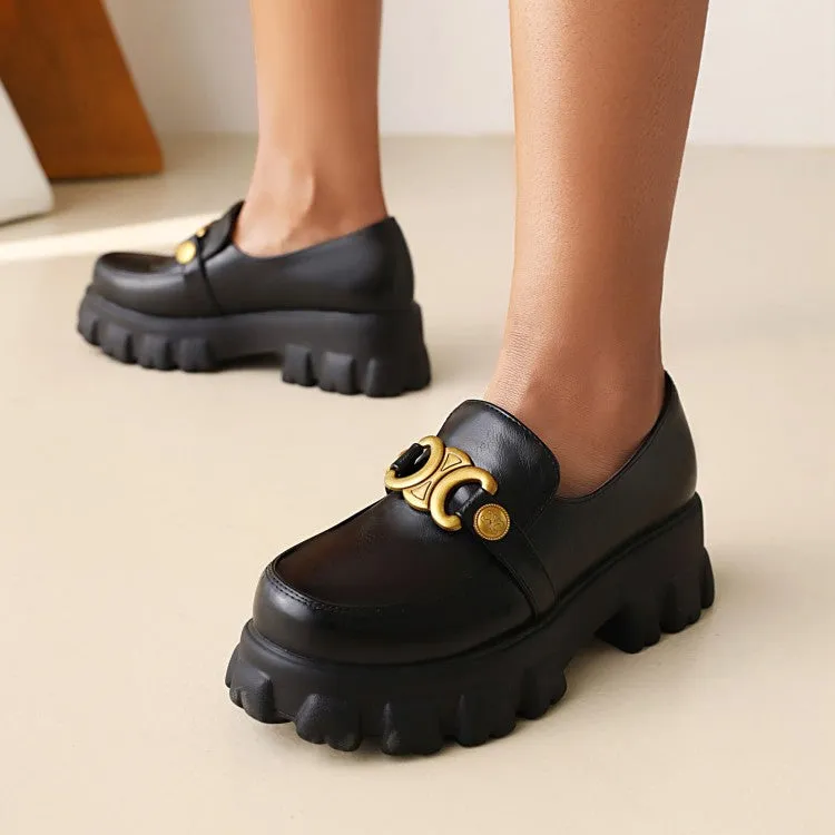 Women's Round Toe Metal Buckle Platform Block Heel Shoes