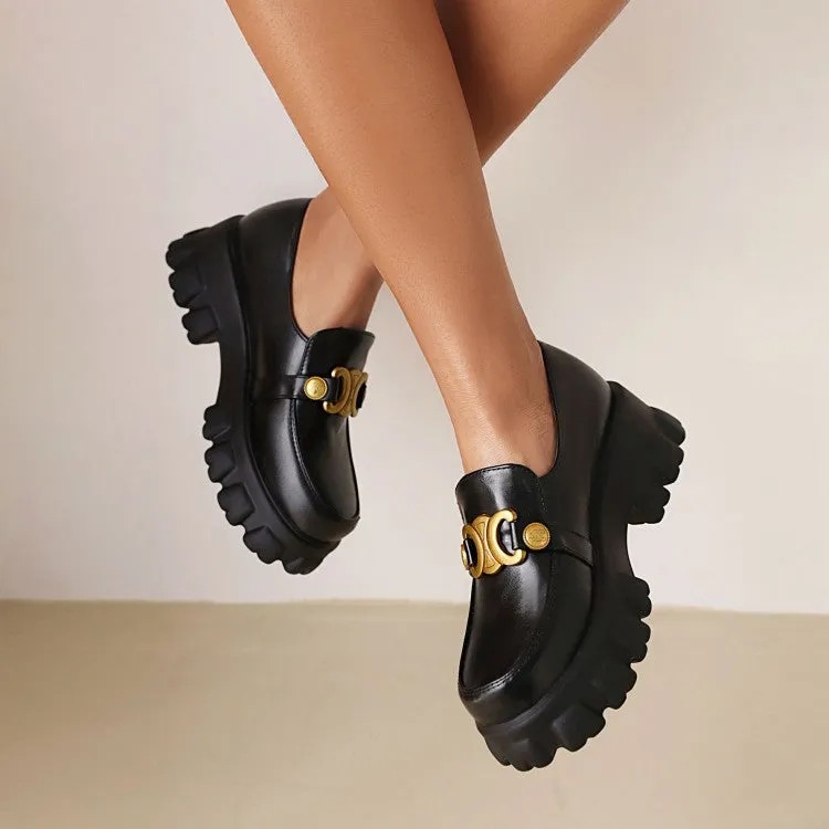 Women's Round Toe Metal Buckle Platform Block Heel Shoes