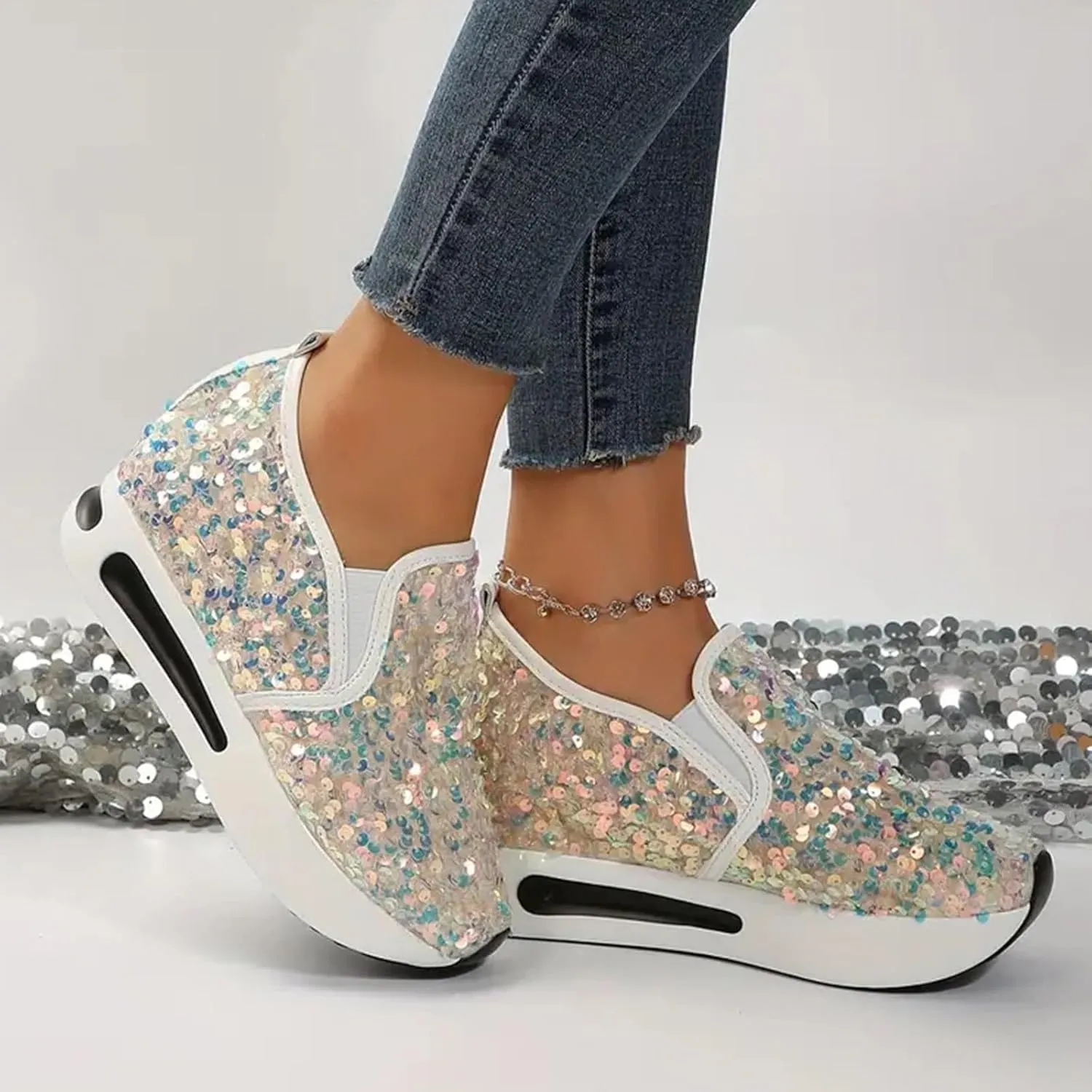 Women's Sequins Platform Sneakers Casual Low Top Slip On Wedge Sports Shoes Fashion Walking Casual Lace up Shoes
