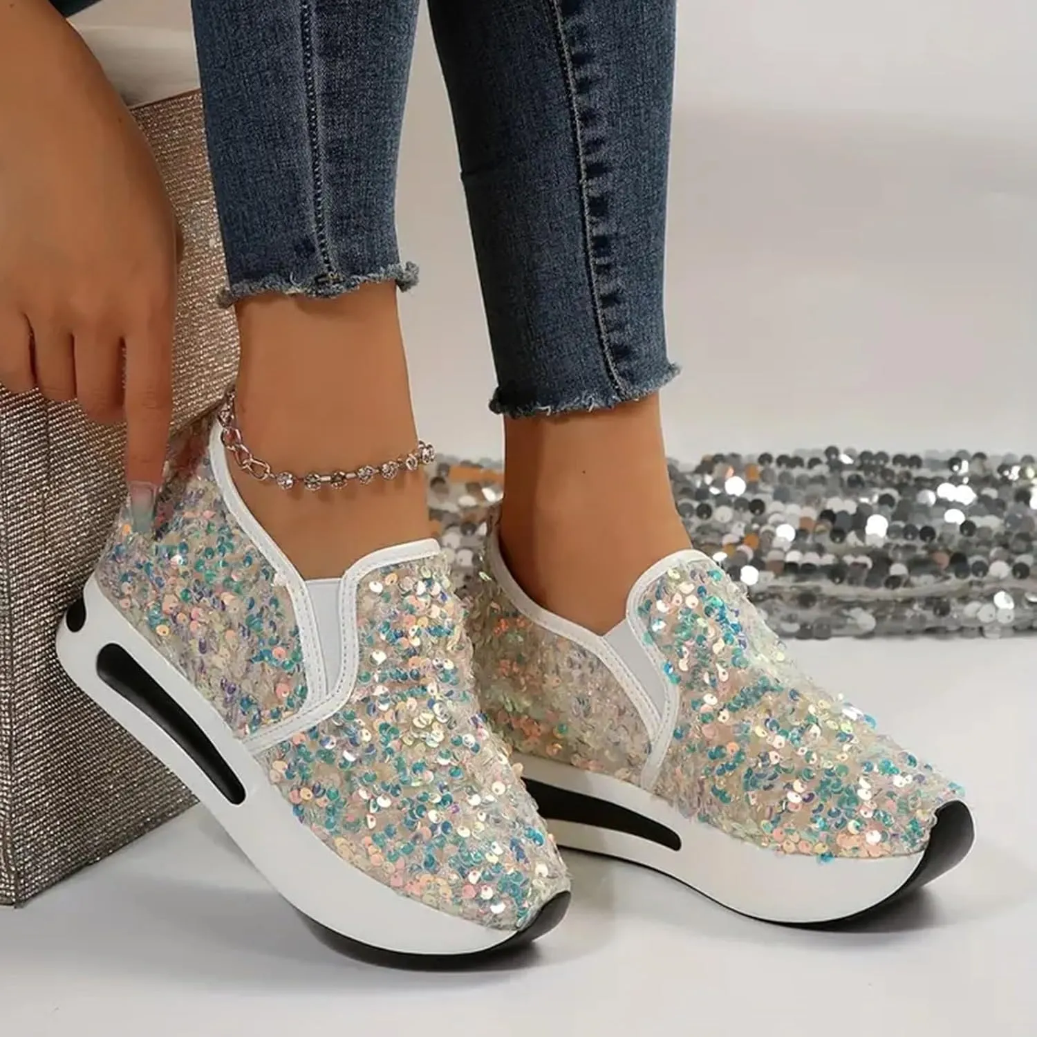 Women's Sequins Platform Sneakers Casual Low Top Slip On Wedge Sports Shoes Fashion Walking Casual Lace up Shoes
