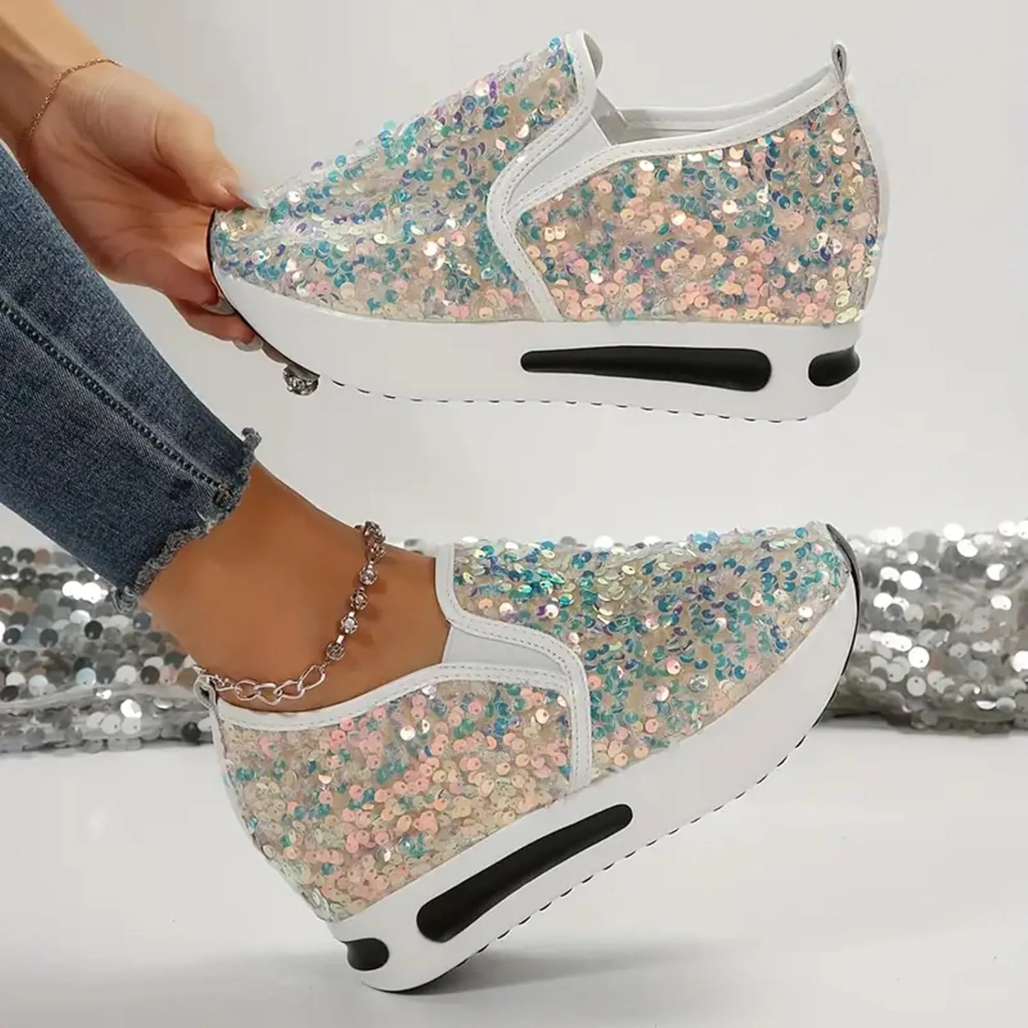 Women's Sequins Platform Sneakers Casual Low Top Slip On Wedge Sports Shoes Fashion Walking Casual Lace up Shoes