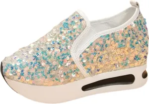 Women's Sequins Platform Sneakers Casual Low Top Slip On Wedge Sports Shoes Fashion Walking Casual Lace up Shoes