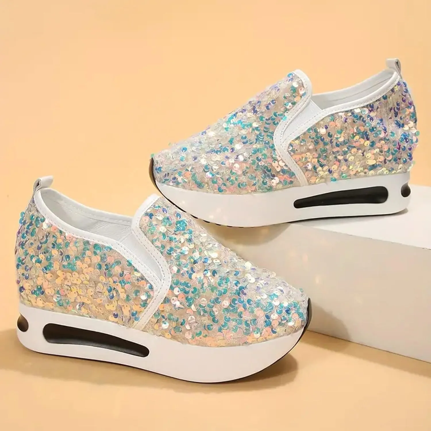 Women's Sequins Platform Sneakers Casual Low Top Slip On Wedge Sports Shoes Fashion Walking Casual Lace up Shoes