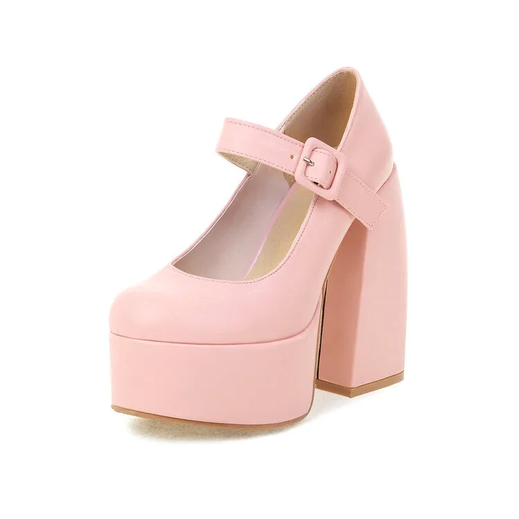 Women's Solid Color Mary Janes Chunky Heel Platform Pumps