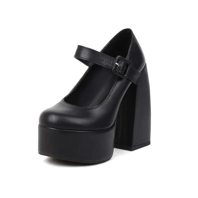 Women's Solid Color Mary Janes Chunky Heel Platform Pumps