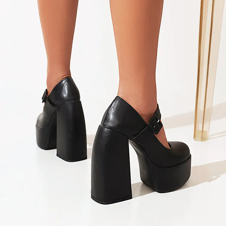 Women's Solid Color Mary Janes Chunky Heel Platform Pumps