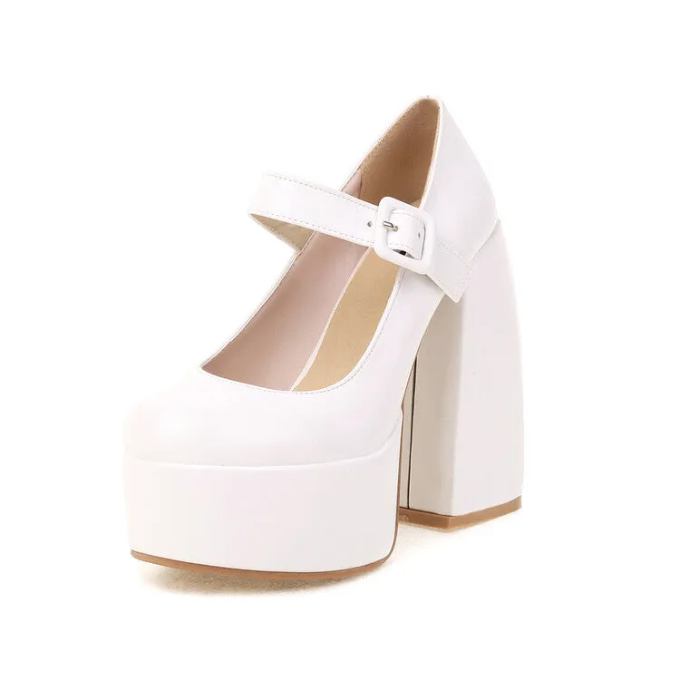 Women's Solid Color Mary Janes Chunky Heel Platform Pumps