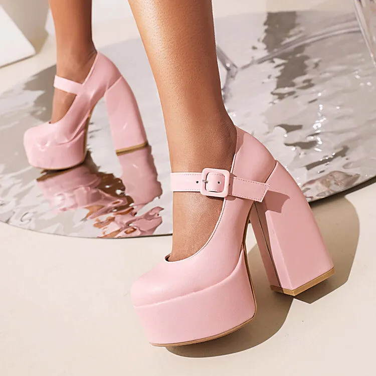 Women's Solid Color Mary Janes Chunky Heel Platform Pumps