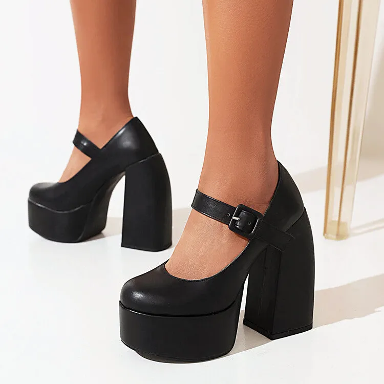 Women's Solid Color Mary Janes Chunky Heel Platform Pumps