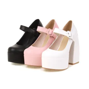 Women's Solid Color Mary Janes Chunky Heel Platform Pumps