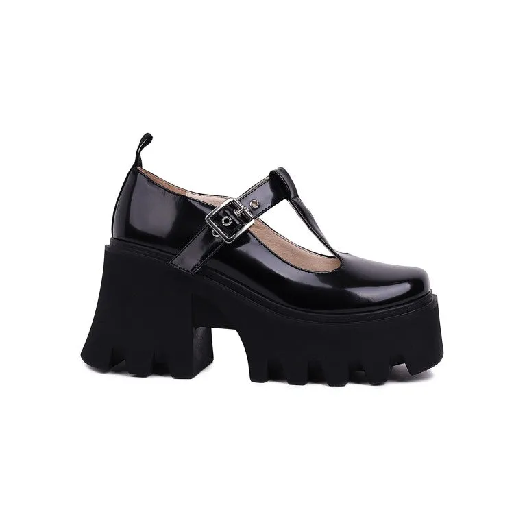 Women's T Straps Platform Block Heels Pumps