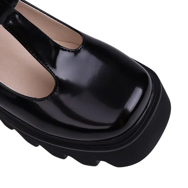 Women's T Straps Platform Block Heels Pumps