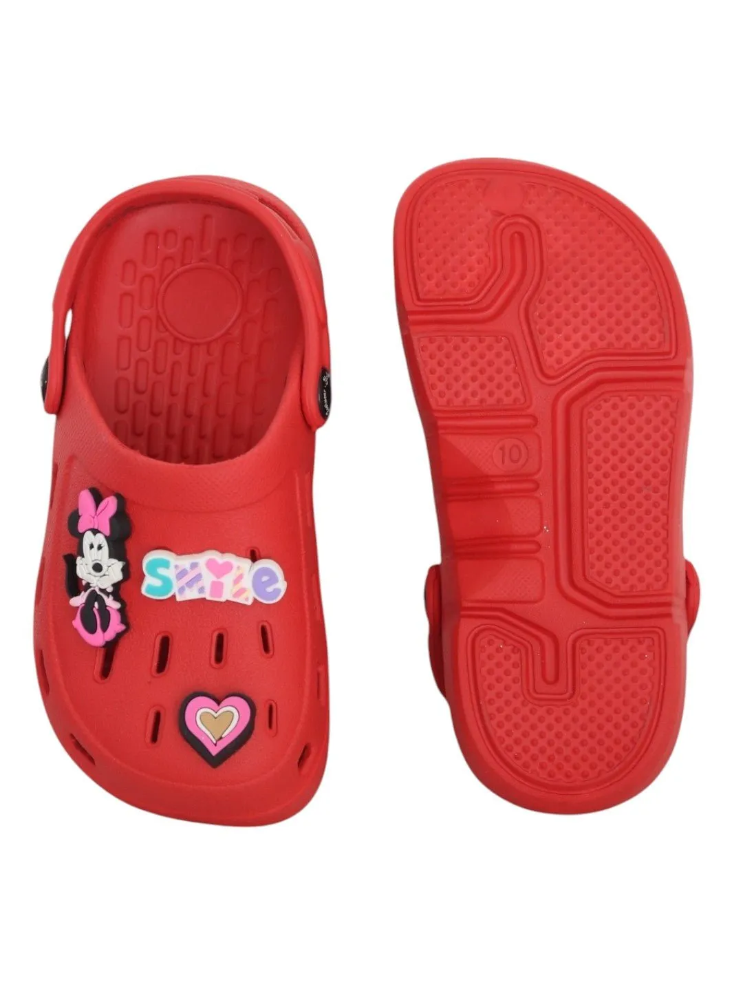 Yellow Bee Girls’ Disney Minnie Mouse Clogs with Smile & Heart Charms – Red