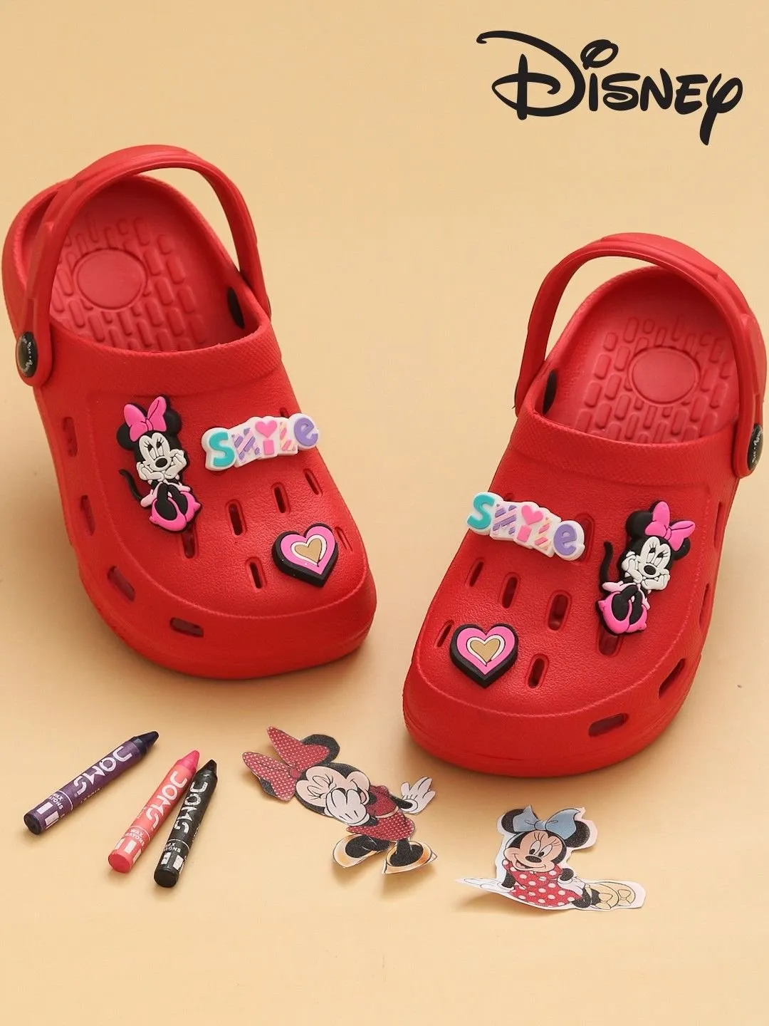 Yellow Bee Girls’ Disney Minnie Mouse Clogs with Smile & Heart Charms – Red