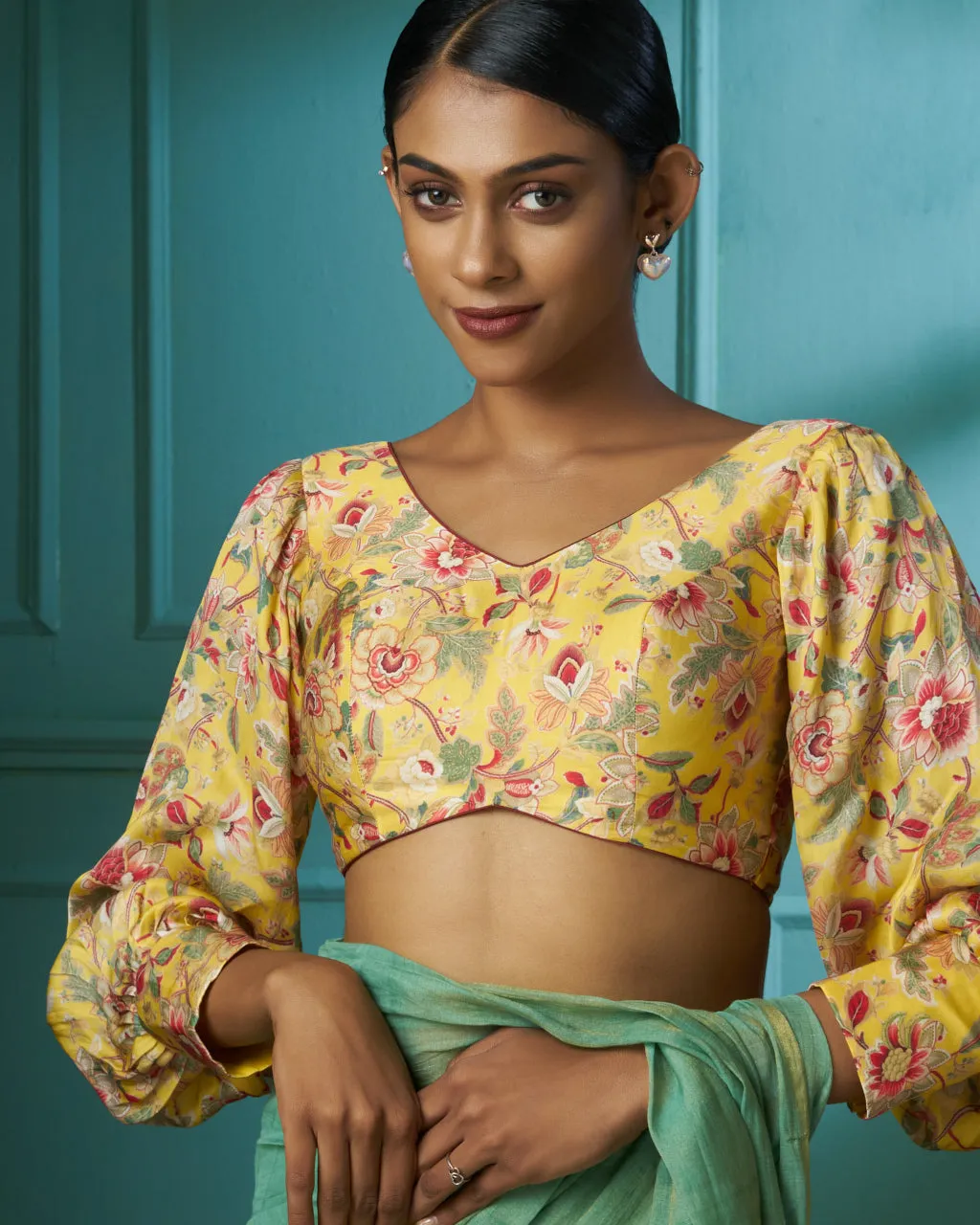 Yellow Floral Printed Satin Silk Blouse