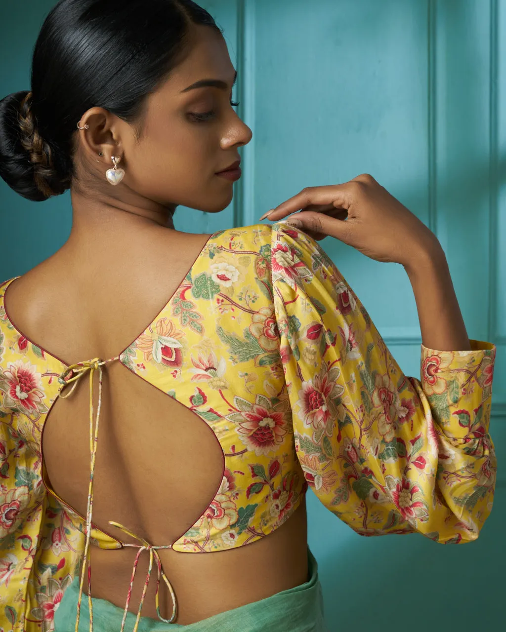 Yellow Floral Printed Satin Silk Blouse