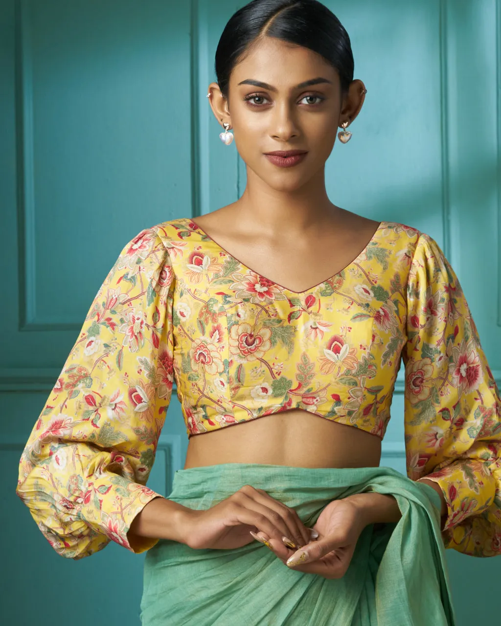 Yellow Floral Printed Satin Silk Blouse