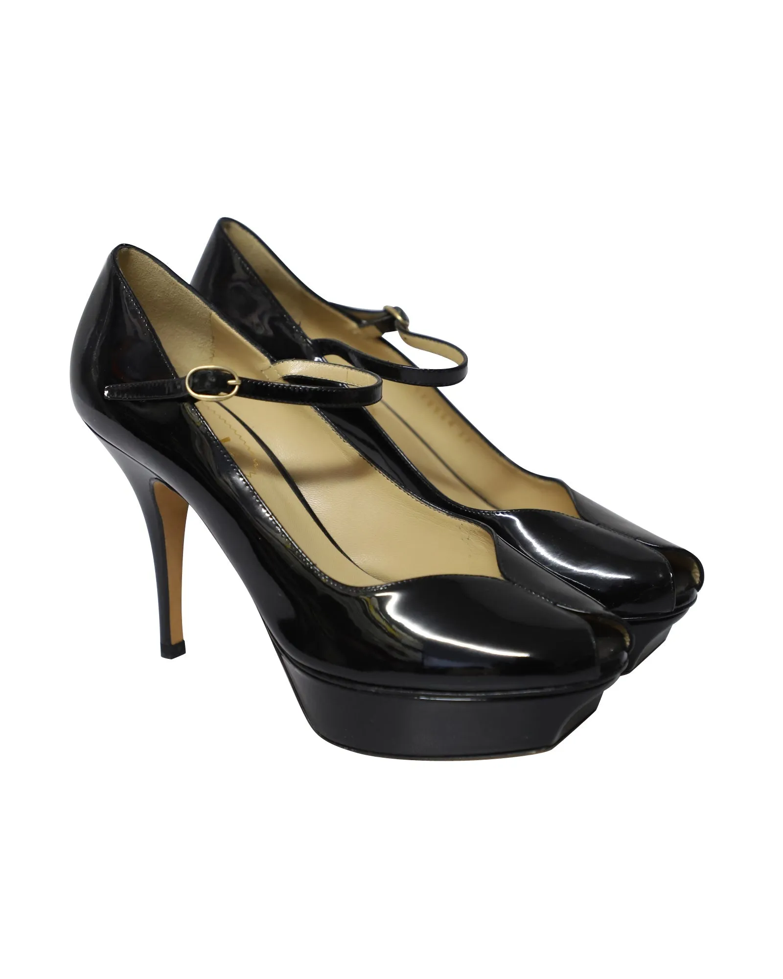 Yves Saint Laurent Peep Toe Platform Mary Jane Pumps in Black Patent Leather
