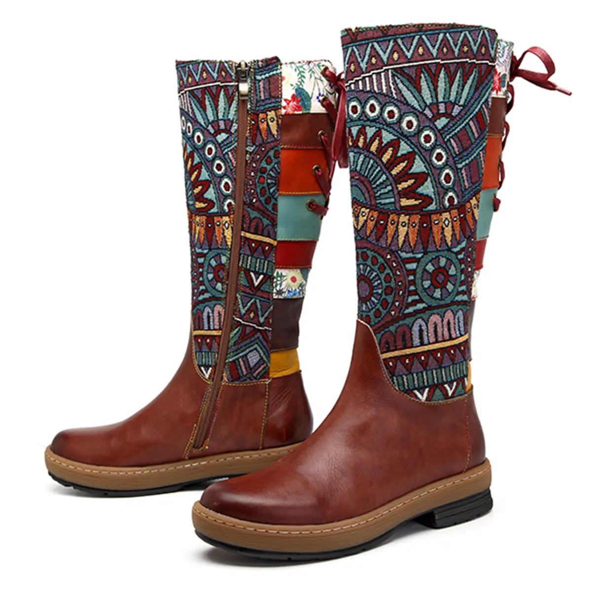 Zalor Bohemian Splicing Pattern Flat Leather Mid-Calf Boots
